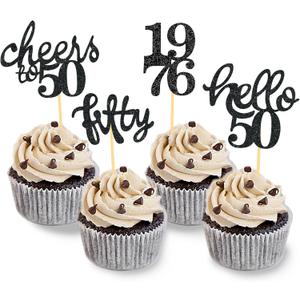 24 Pcs Glitter 50th Birthday Cupcake Toppers for Celebrating 50th Birthday Party Decorations for Fifty Years Old Birthday Party Supplies (Black)