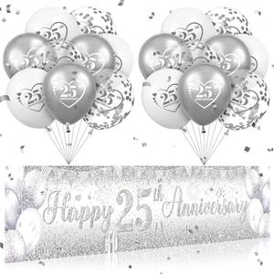 Silver 25th Wedding Anniversary Decorations for Men Women Silver Happy 25th Anniversary Banner and 18Pcs Balloons for 25 Years Wedding Party Decoration Supplies