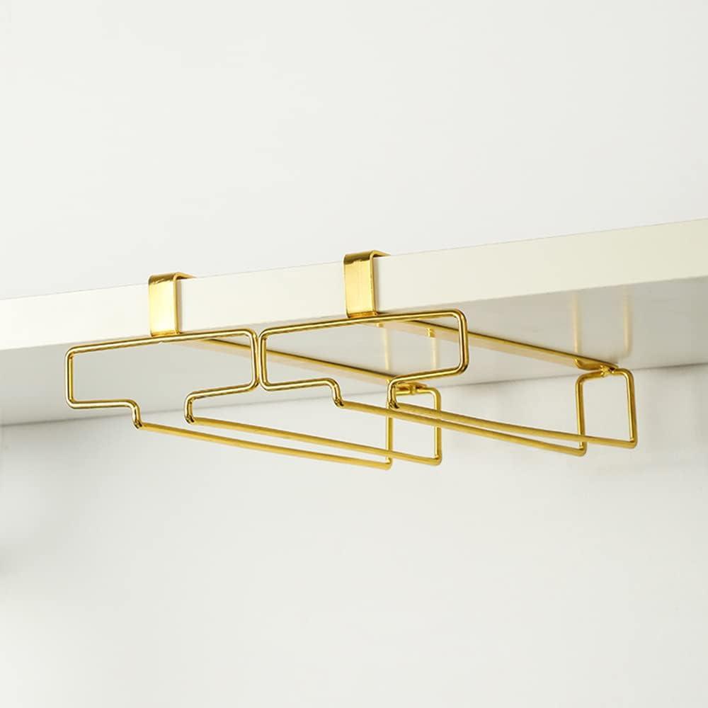 LINFIDITE Gold Under Cabinet Glass Holder, 2 Pack, Space Saving, Easy Installation, Anti-Skid, Compact Design, Sturdy Materials, Affordable Gift (Shelf Thickness Under 0.98in)