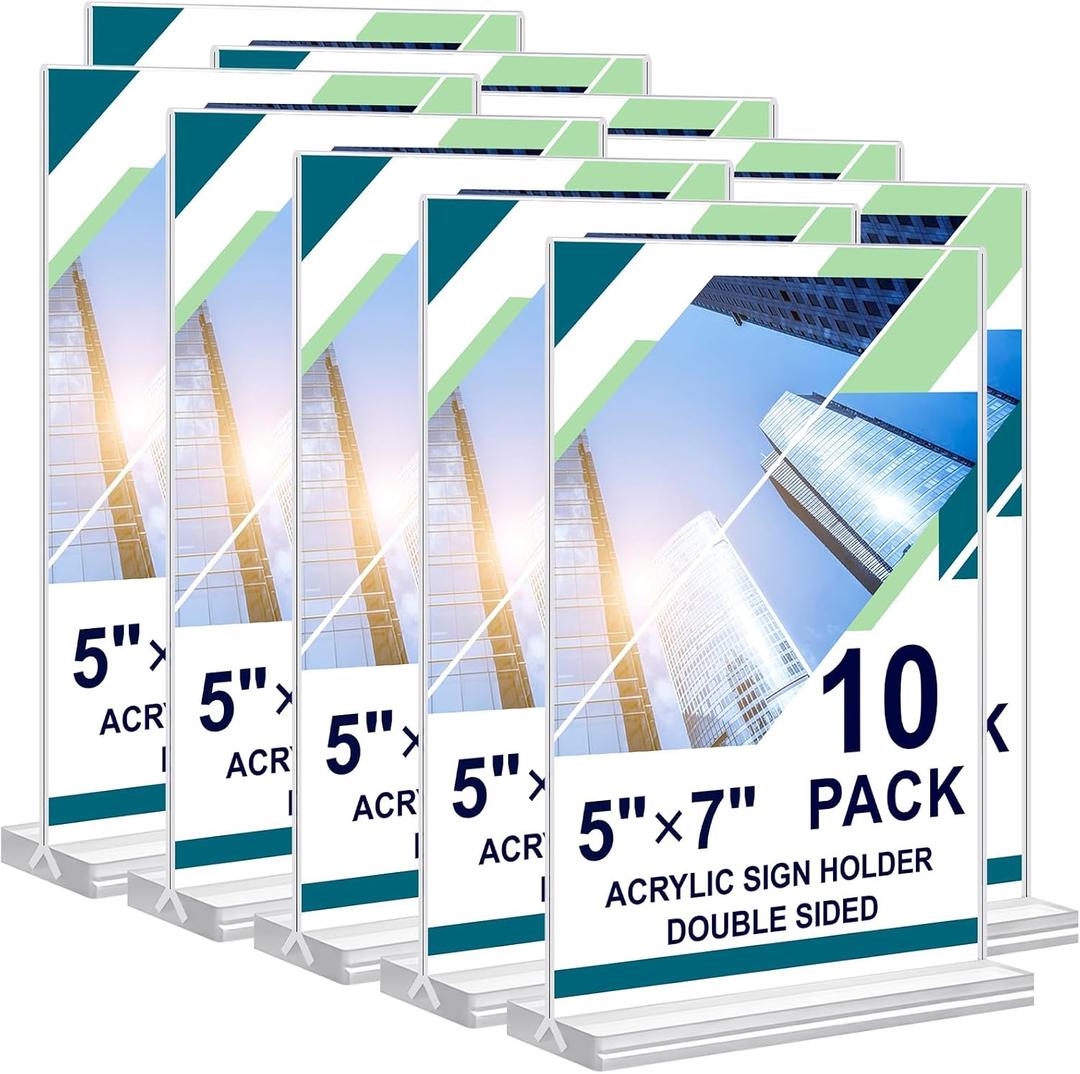 Acrylic Sign Holder 5 x 7, 10 Pack Clear Table Menu Vertical Display Stand Desktop Display Double Sided Stand Paper Holder Table Sign Suitable for Restaurants Office Store Show Fair