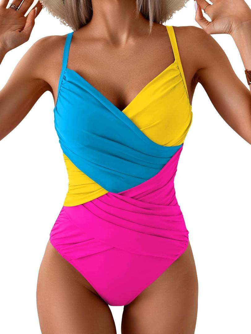 B2prity One Piece Swimsuit Tummy Control Criss Cross Bathing Suit Slimming Ruched Swim Suit Push Up V Neck Swimwear (Large, Blue Yellow Pink)