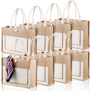 Reginary 8 Pcs Burlap Tote Bags Bulk Large Jute Tote with Handles Reusable Canvas Gift Bags for Wedding Travel