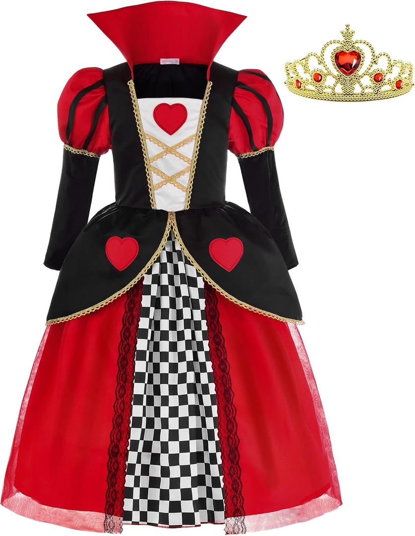 ReliBeauty Red Hearts Girls Costume Queen Dress for Kids Girls with Crown (12-14/160)