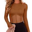 REORIA Women's Fall Thong Body Suits Outfits Trendy Sexy Crew Neck Thumbholes Long Sleeve Sheer Mesh Slim Fit Going Out Bodysuit Tops for Night Out Brown Medium
