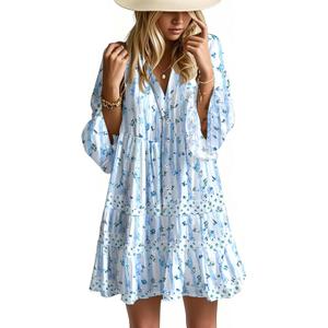 Opemiby Summer Dresses for Women 2026 Flowy Ruffle 3/ 4 Sleeve V Neck Tiered Casual Babydoll Boho Beach Mini Dress Blue White Flowers XXL