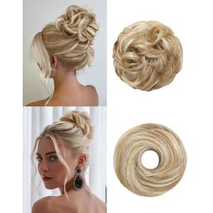 2PCS Messy Bun Hair Piece-Large Wavy Curly & Donut Updo Hair Pieces Set, Scrunchies Synthetic Chignon Ponytail Extensions Thick Updo for Women(Dirty Blonde)