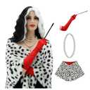 Womens Black and White Curly Costume Wig Halloween Deville Dalmatian Shawl Scarf 1920s Costume Red Glove Pearls Necklace