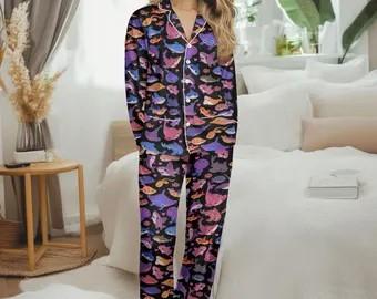 Womens Satin Pajama Set Classic Pattern Silky Pj Sets Button Down Sleepwear Loungewea , Size L 