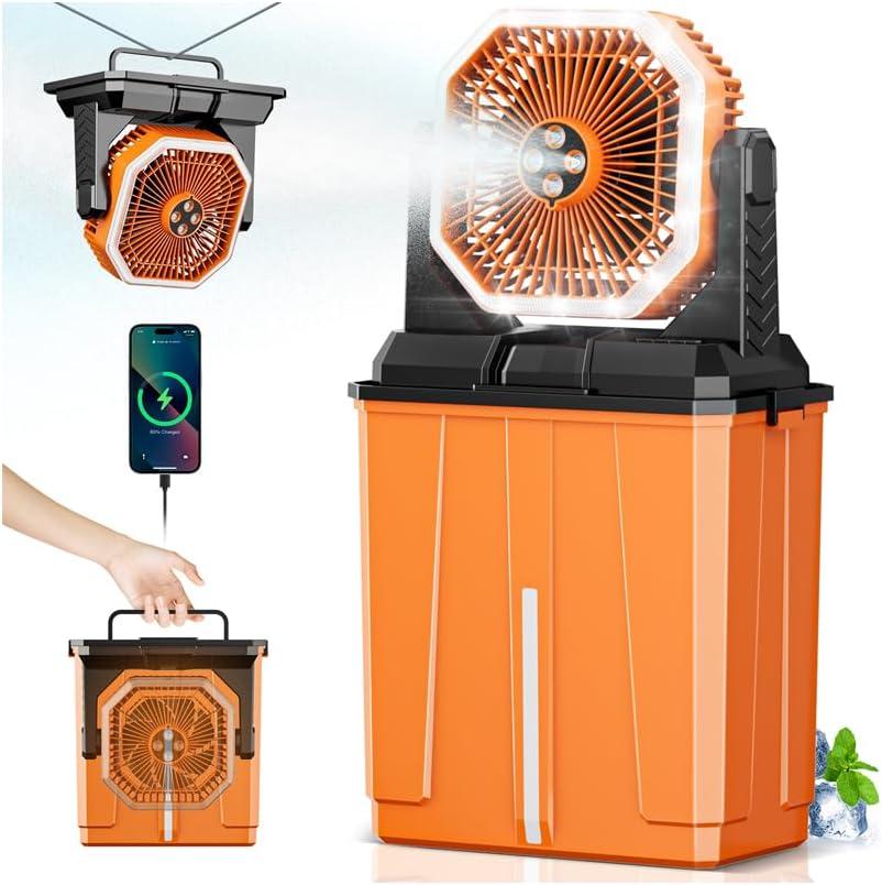 Orteen Portable Misting Fan, Rechargeable Outdoor Cooler, Battery Operated Personal Fan with3 Speeds & 8L Bucket for Patio, Camping,Hiking, Backyard, Travel, Desk,Pool, Beach (24000mAh-Orange)
