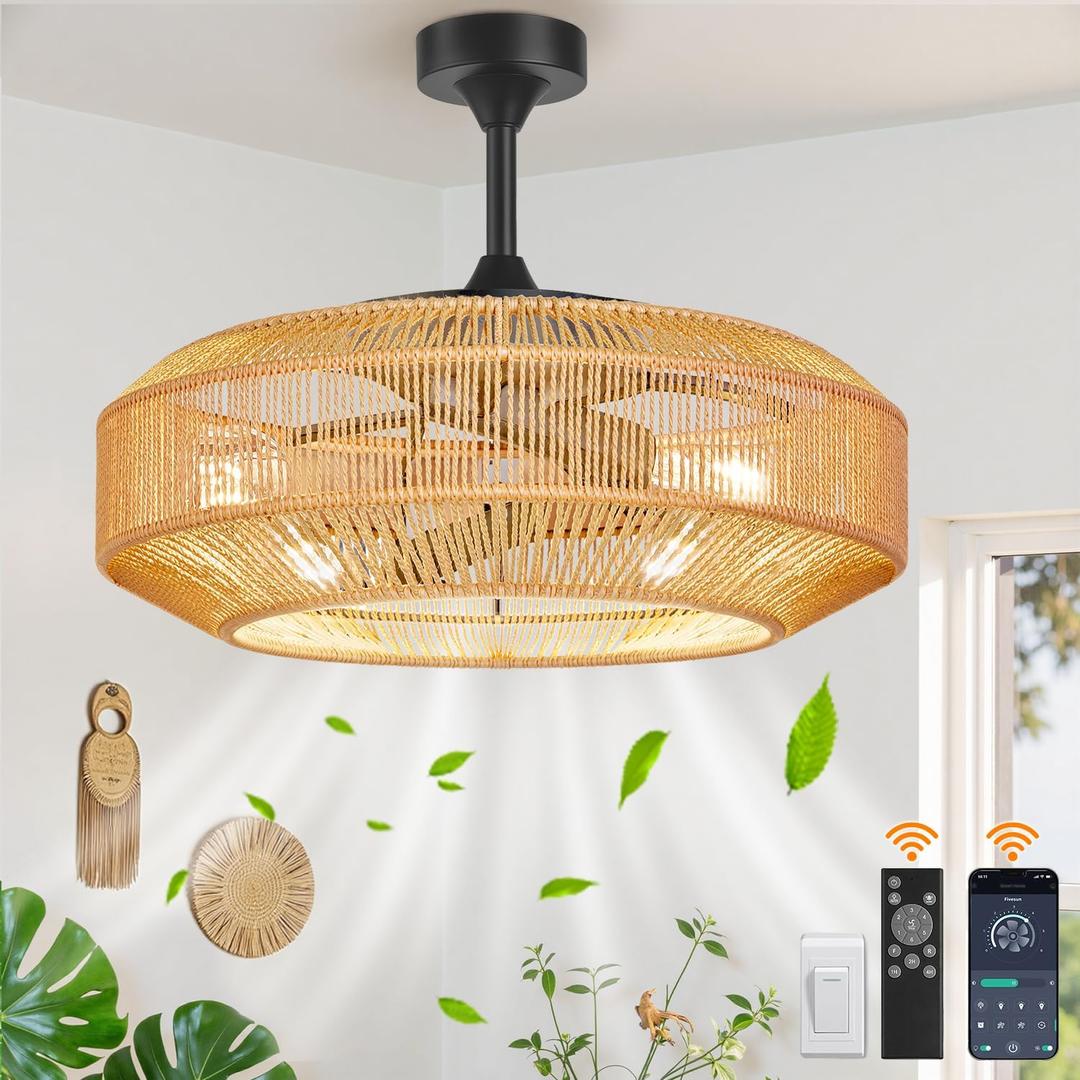 20" Boho Ceiling Fans with Lights and Remote  Caged Rattan Fandelier, Low Profile Ceiling Fan, 6-Speed Quiet Reversible Motor, 4 E26 Sockets  Ideal for Bedrooms, Nurseries & Small Living Spaces
