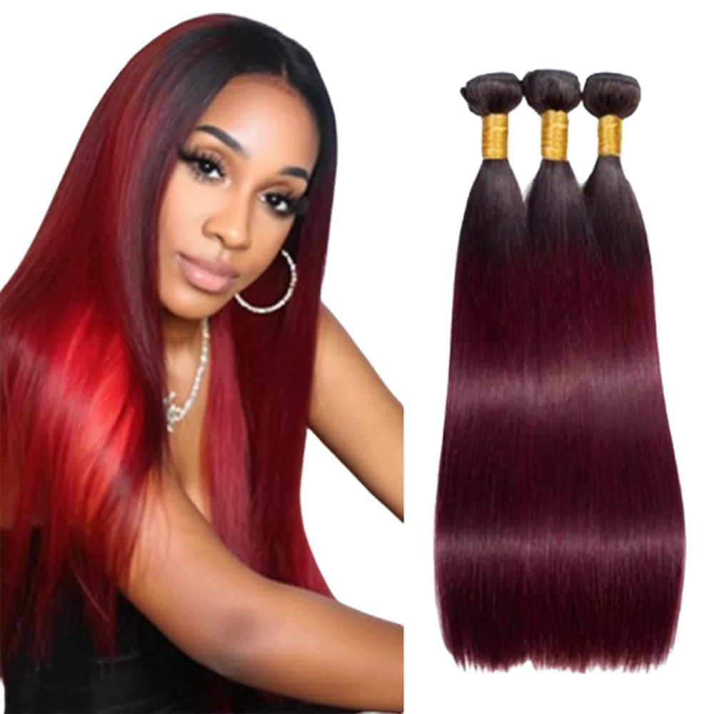 BilltiiWW 1B99j Ombre Straight Bundles Two Tone Black and Burgundy Straight Bundles Brazilian Human Hair Weave Soft and Silky for Women 14 16 18 Inch