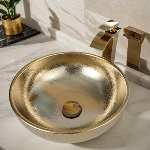 Gold Ceramic Vessel Sink with Faucet and Drain 16 Inch Bathroom Sink Above Counter Round Basin Bowl Sink for Bathroom, 15.6 x 15.6 x 5.8 inches