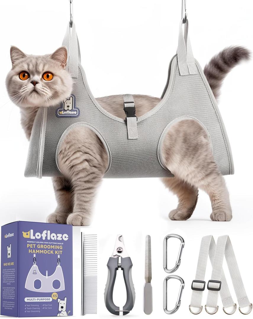 Dog Grooming Hammock Harness for Dogs & Cats with Pet Nail Clipper Trimmer - Cat Hanger Sling for Trimming Clipping Nails- Dog Hammock Restraint Bag for Small Medium Large pet  Grey XS (XS ( Legs Distance :3.2-9" / Max W20lb ))