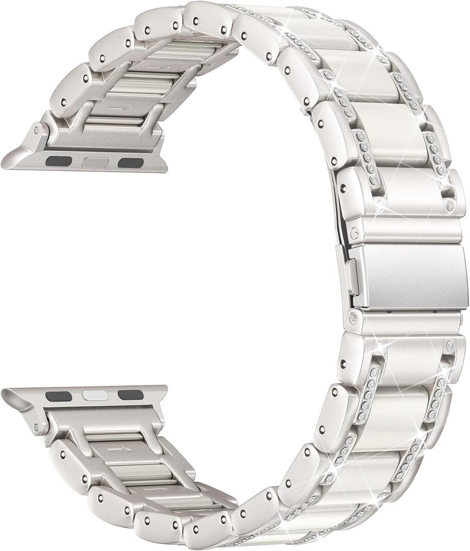 Moolia Metal Band Compatible with Apple Watch Band 38/40/41/42mm Women Rhinestones Resin Wristband Bling Diamond Bracelet for iWatch Series 11 10 9 8 7 6 5 4 3 2 1, Starlight