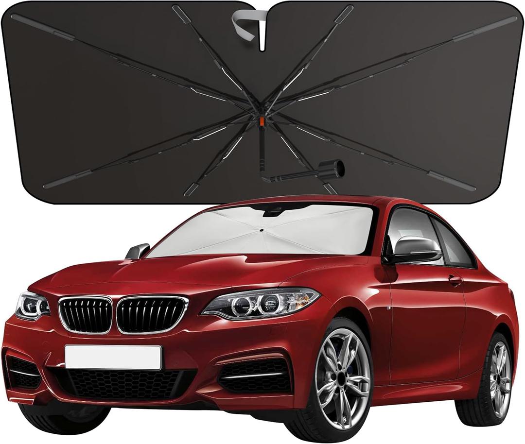 EcoNour Premium Umbrella Windshield Sun Shade for Car | Foldable UV Blocker Front Windshield Sunshade | Umbrella Shade Accessories with Storage Pouch | Fit for Sedan & Hatchbacks - Small 52"x31" (Silver - Black)