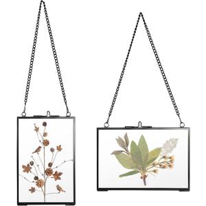JUXYES Set of 2 Wall Hanging Brass Photo Frames for Pressed Flowers, Double Glass Hanging Picture Artwork Display Frame, Gold Floating Style Gallery Wall Frame for Photo Picture Poster etc, 4x6 Inches (Black)