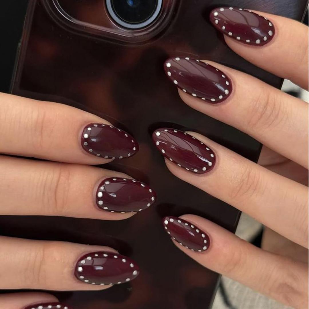 Almond Press on Nails - Medium Burgundy Fake Nails with Polka Dots Design, Full Cover Wine Red Glue on Nails, Reusable Elegant Stick on Nails for Women Manicure, Glossy Finish | 12 Sizes - 24 Pcs