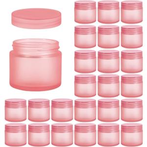 2oz Glass Jars 24 Pack, Hoa Kinh Mini Round Pink Frosted Glass Jars with Inner Liners and Pink Lids, Perfect for Storing Lotions, Powders and Ointments