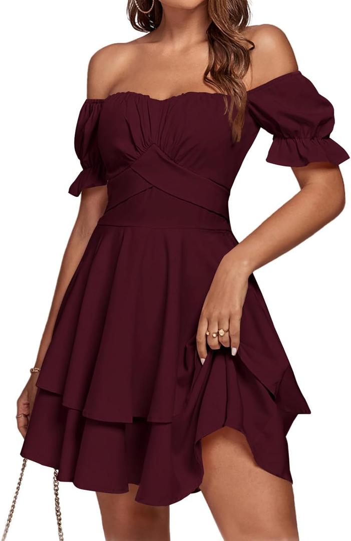LYANER Women's Tie Back Off Shoulder Wrap Layer Ruffle Short Sleeve Mini Dress (X-Large, Red)