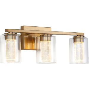 3-Light Gold Bathroom Vanity Light Fixture, Dimmable 5CCT Brushed Brass Bathroom Lights,2700K-6500K Modern LED Wall Sconce Over Mirror with Clear Glass and Crystal Bubble