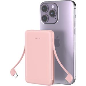 Smallest Portable Charger with Built-in Cables 5000mAh,Ultra Slim Power Bank,Mini High Speed External Battery Packs,Lightweight USB C Phone Charger for iPhone Samsung Google Android (Pink)