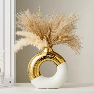 FJS Ceramic Donut Vase, 8" L x 8" H White and Gold Round Vase for Pampas Grass, Nordic Modern Vases for Decor, Ceramic Vase Centerpieces for Wedding, Bedroom, Living Room, Coffee Table, Office