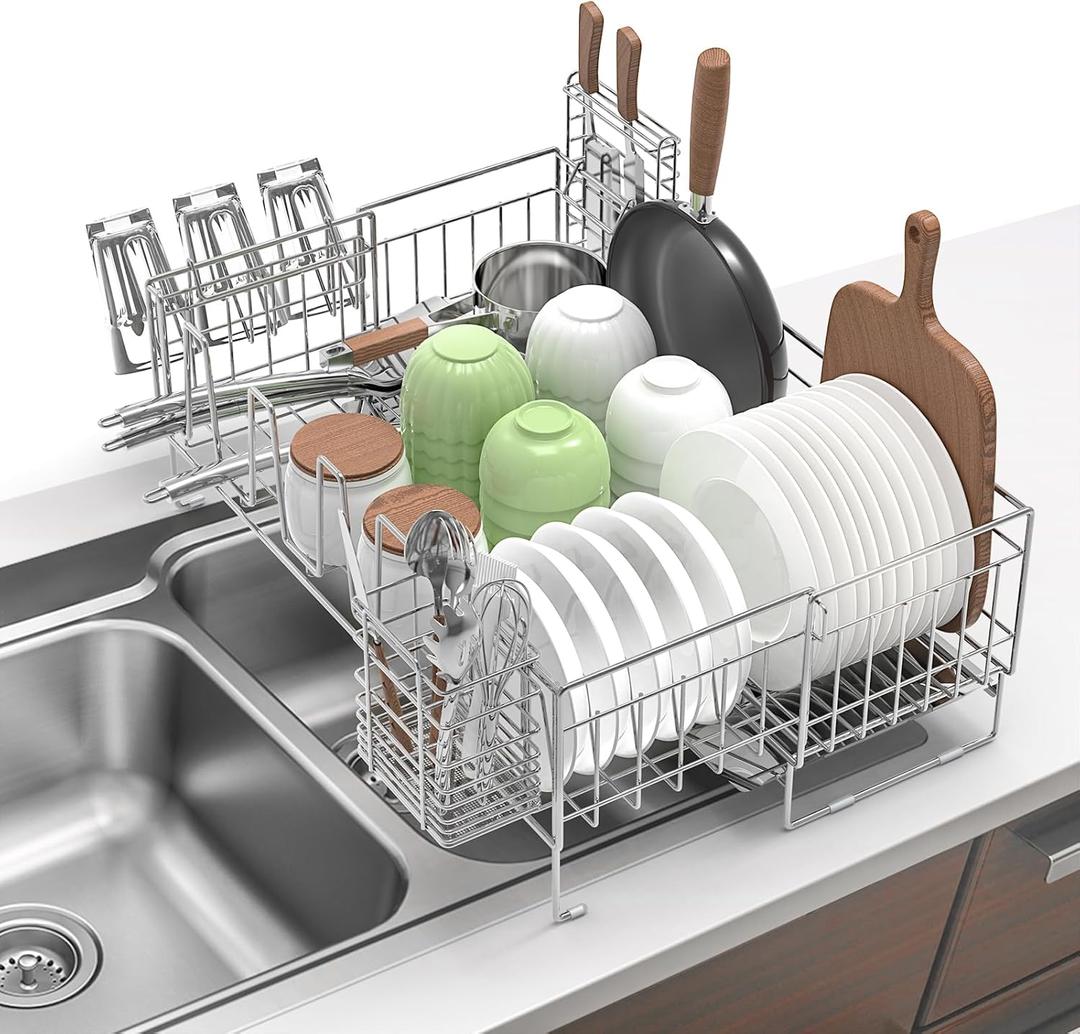 Large Dish Drying Rack - Rust Resistant Dish Rack,Expandable Kitchen Counter,Drainage Board with Sloped Design,Removable Cutlery Holder,Cup Knife Holder, Easy-to-Clean Full Hollow Design-Silver-L