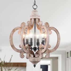 18 Inch Farmhouse Wood Chandelier, Cottage Chic Crown Pendant Light, Weathered Wood Chandelier with 6-Candle, Rustic Dining Room Light Fixture for Kitchen Island, Hallway, Foyer