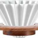 Ceramic Coffee Dripper Pour Over Coffee Maker with Wood Stand Elegant Flower Shape Filter (white)