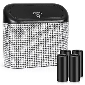 Accmor Bling Car Trash Can with Lid, Mini Auto Garbage Storage Bin with 60pcs Garbage Bags, Sparkling Crystal Trash Bags Holder Dustbin Vehicle Accessories Container Organizer (White Rhinestone)
