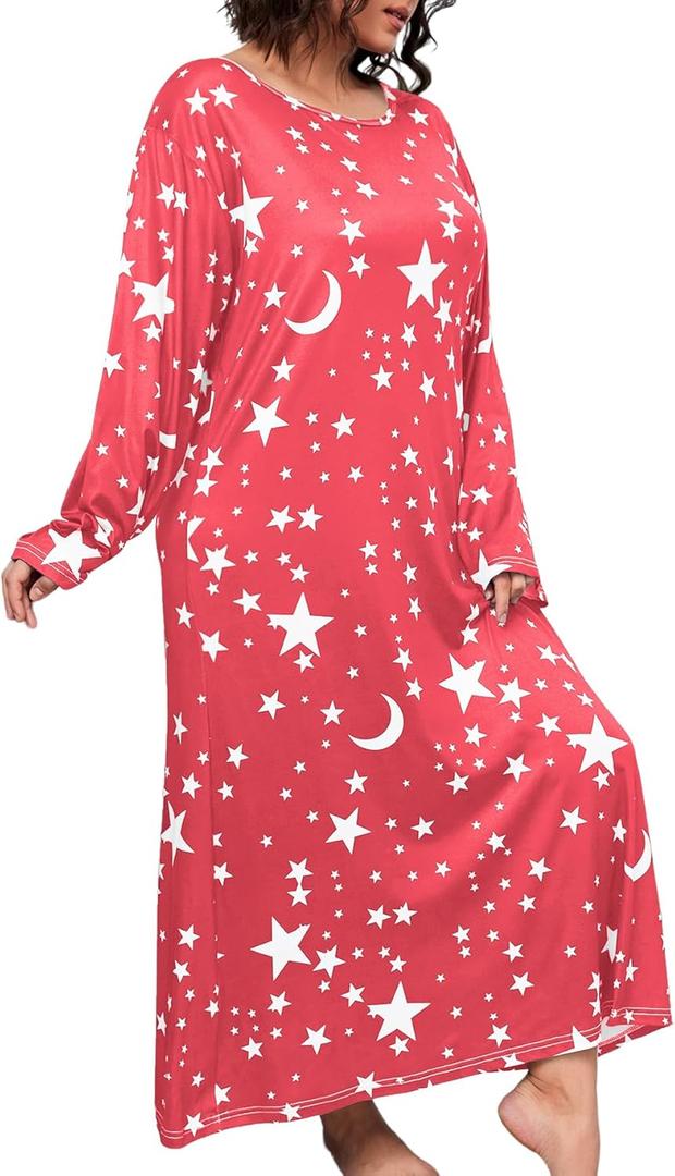WDIRARA Women's Plus Size Long Sleeve Star Print Loose Nightgown Sleepshirt Loungewear (Red)