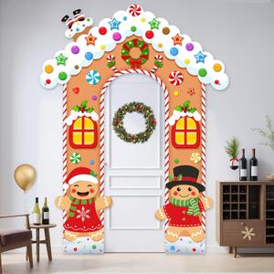 Christmas Gingerbread House Door Decorations  Holiday Photography Background, Gingerbread Banner Party Decoration, Washable Polyester Christmas Photo Booth Backdrop for Family Kids Studio