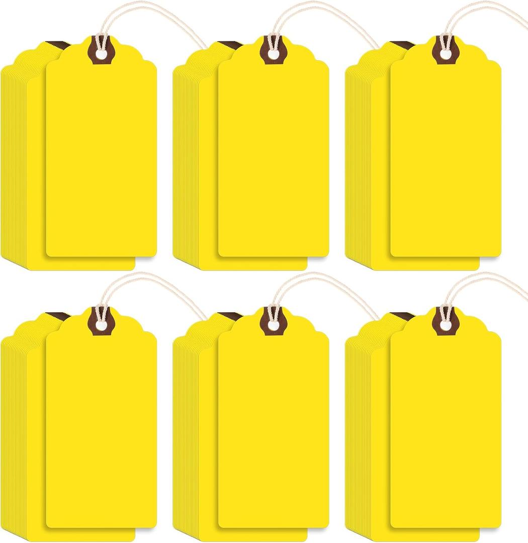 Outus 60 Pcs 4 3/4-in x 2 3/8-in Blank Large Paper Gift Tags with String and Reinforced Eyelet Wire Writable Price Tags Shipping Labels Inventory Labels(Yellow)