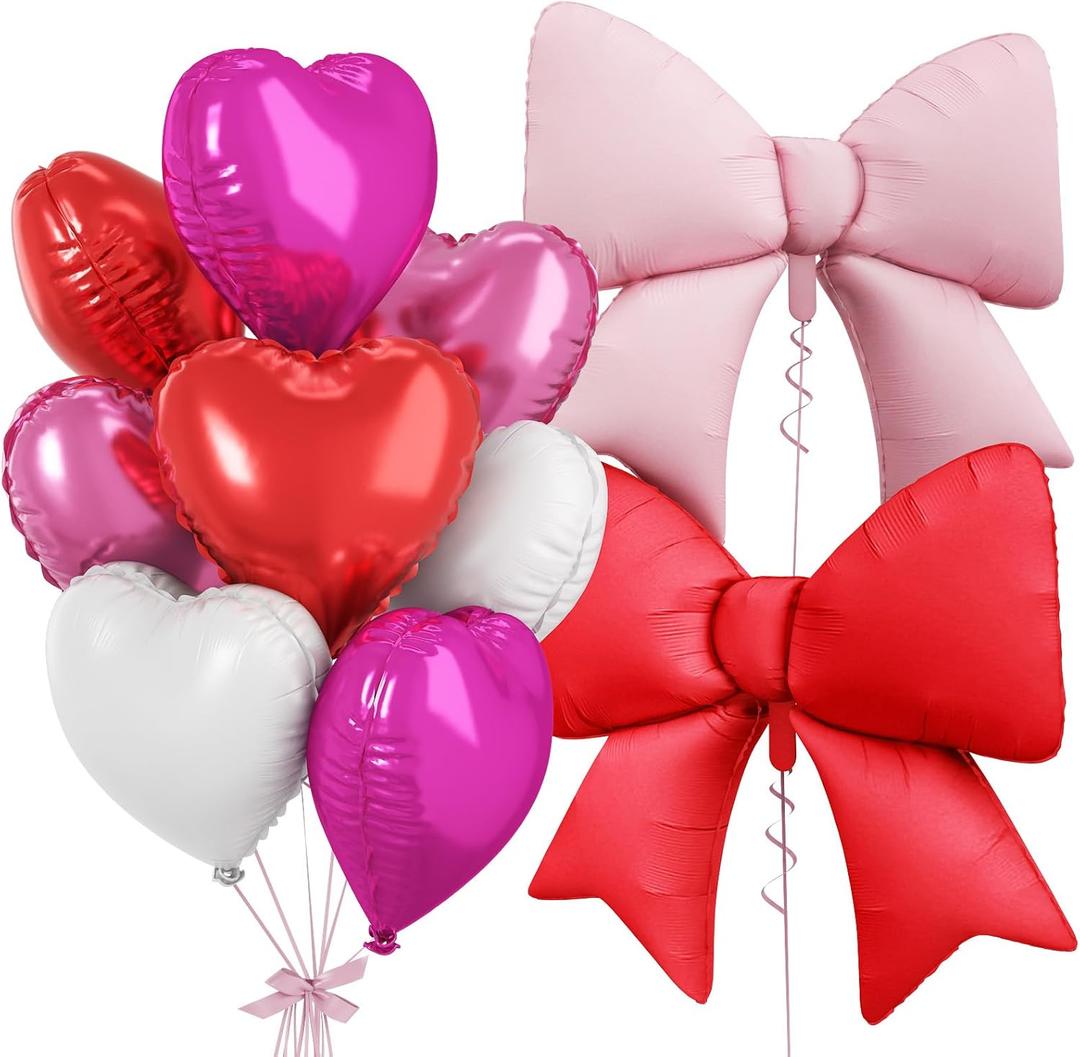 Red Pink Heart Balloons, Pink Bow Balloons, 10Pcs 18 Inch Heart Shaped Balloon and 38 Inch Helium Bow Foil Balloon for Girls Women Birthday Wedding Engagement Valentine's Day Bridal Shower Party Decor