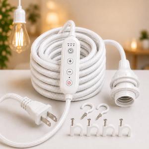 Fabric Cord for Hanging Pendant Lamp Fixture, Lampshades 15 Feet Decorative Braided Flexible Cable E-26/ E-27 Light Bulb Socket & 2 Prong Flat Plug Timer Switch (White)