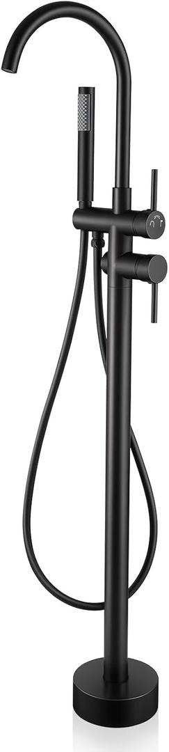 Freestanding Bathtub Faucet Floor Mount Free Standing Faucet Tub Filler Brass Bathroom Tub Faucets Swivel Gooseneck Spout with Hand Shower Mixer Taps Matte Black