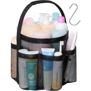 F-color Mesh Shower Caddy Portable, Large Capacity Shower Bag Basket Tote for College Dorm Room Toiletry Gym Rv Essentials, Bathroom Caddy Bag with S Hook, Black (1 Pack Black)