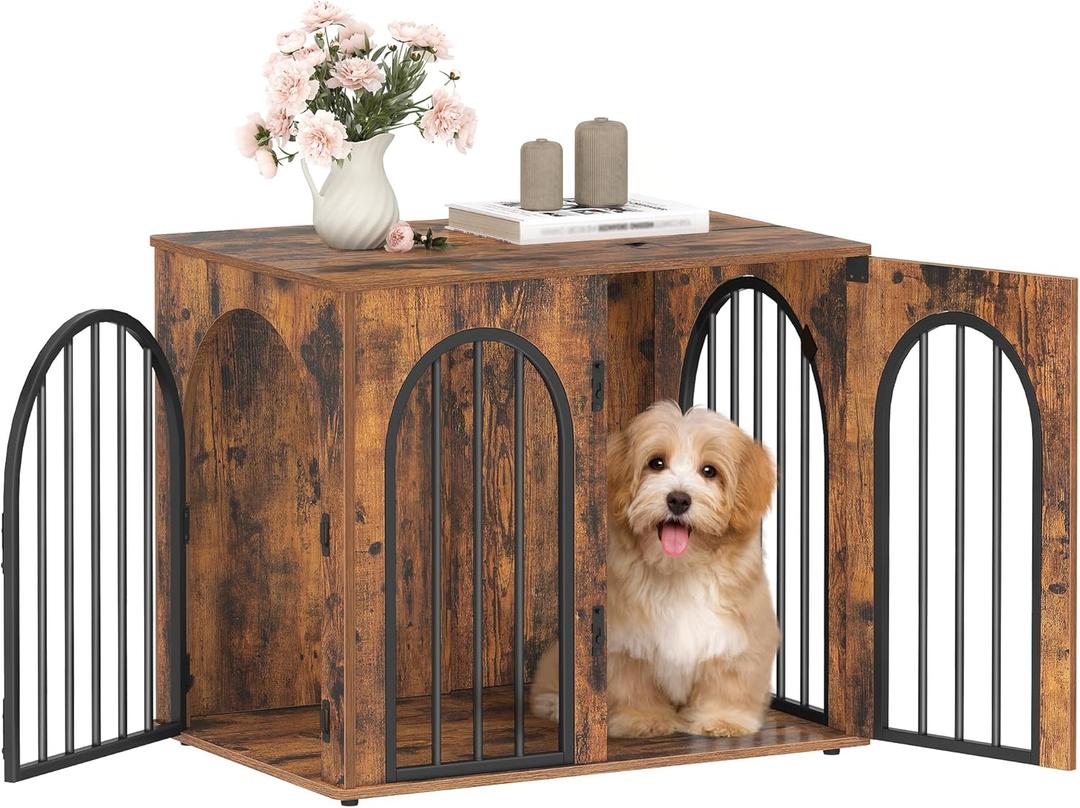 Hzuaneri 26.8'' Wooden Dog Crate Furniture, Indoor Dog Kennel Dogs Cage for Small Dogs, Heavy Duty Dog Crates Decorative Pet House End Side Table TV Stand, Rustic Brown DFC85501B