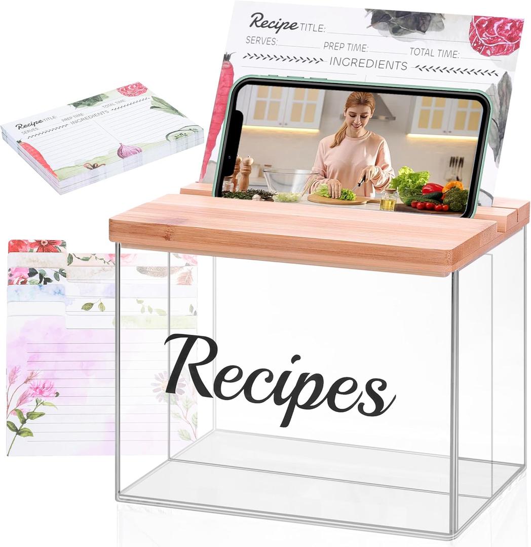 XKDOUS Acrylic Recipe Box, Recipe Cards and Box Set with 50 Recipe Cards and 6 Dividers, 50 Card Protectors, Index Card Holder to Write in Your Own Recipe for Cooking Enthusiasts