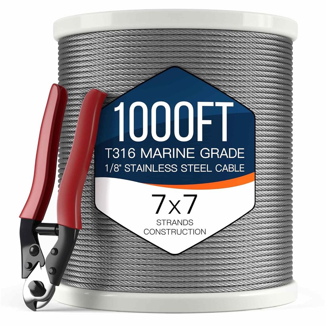 NUTYPE 1/8" T316 Stainless Steel Cable, Aircraft Cable for Deck Railing, 7x7 Strand Core, 1000FT, Come with Cutter