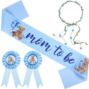 Tiamon Bear Theme Mom to Be Sash Baby Shower Dad to Be Pin and Flower Crown Headband for Gender Reveals Party Baby Shower Party Favors Decorations for Boys and Girls Pregnancy Props(Classic,Blue)