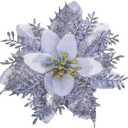 SolarStar 12 PCS Siver Glitter Poinsettias Artificial Christmas Flowers, 5.5 inches, with Clips for Christmas Tree Decoration, Home, Wedding, Party, Wreath Decoration Xmas Tree Ornaments (Silver)