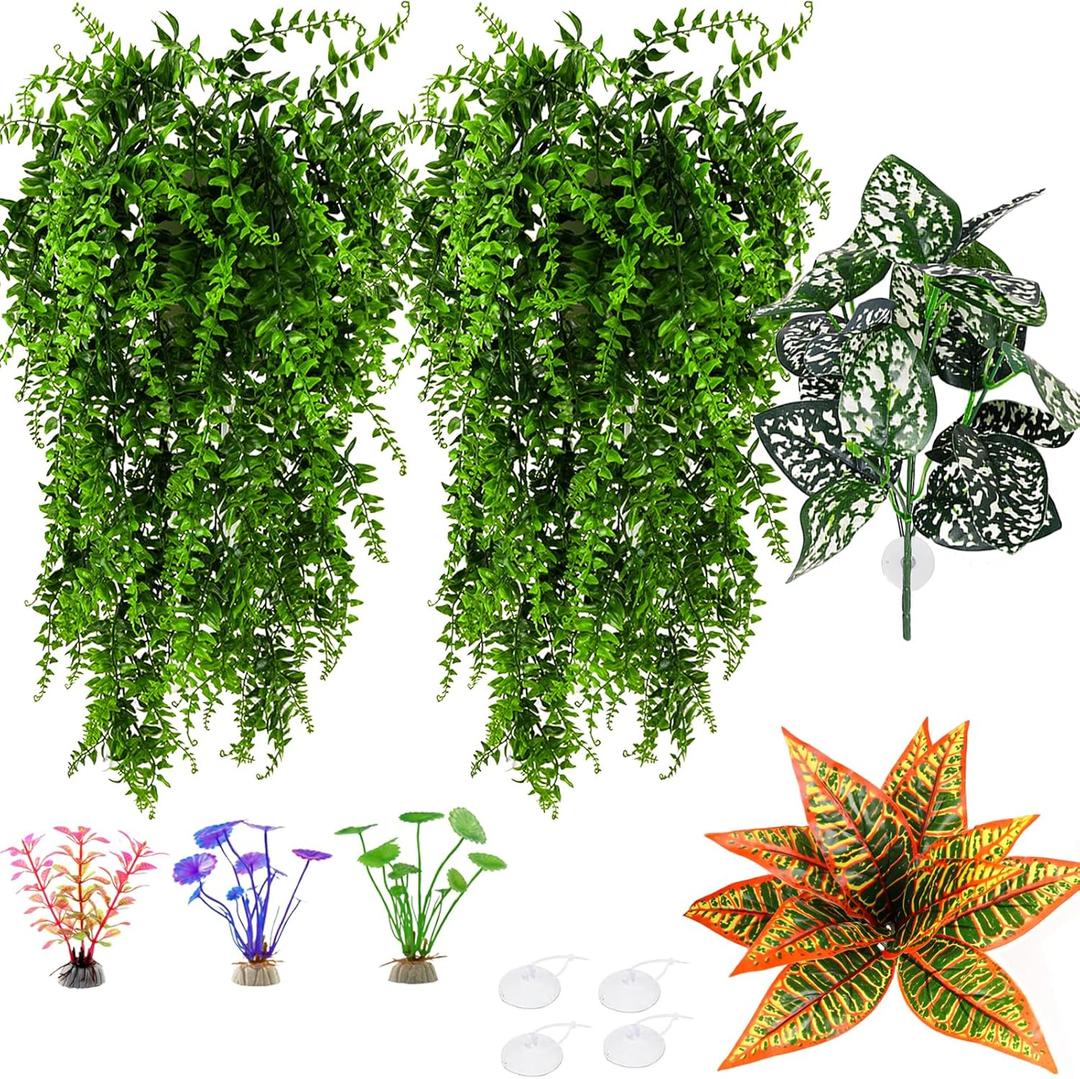 Reptile Plants for Bearded Dragon Tank Accessories, Terrarium Hanging Plants with Suction Cups for Bearded Dragon Leopard Gecko Lizard Snake Chameleon