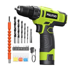 PULITUO 12V Green Cordless Drill Set Power Drill Kit with Battery and Charger,electric drill home improvement,3/8-Inch Keyless Chuck,Built-in LED,21+1 Torque Setting