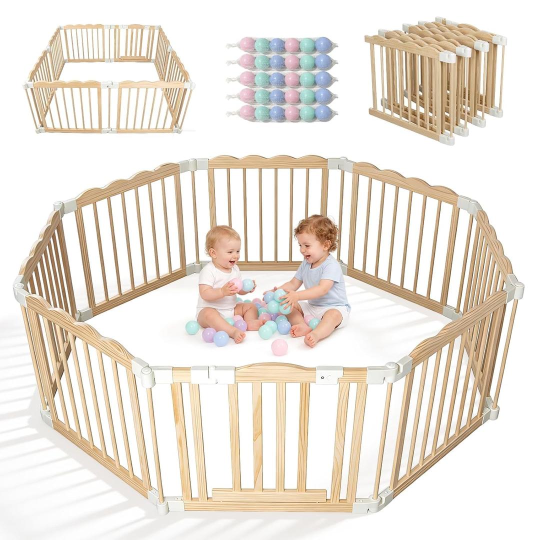 Foldable Wooden Baby Playpen, Pre-Assembled Pine Wood Play Pen, 60x60x24in
Adjustable Shape & Size Large Baby Fence Play Area, Ready to Use, No Assembly Required, Baby Play Yard with Locking Gate