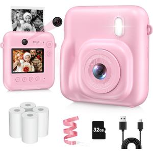Kids Camera Instant Print, Dual-Lens 48MP Digital Camera for Christmas Birthday Gifts, 1080P Selfie Instant Cameras for Kids with 32GB Card, Instant Print Digital Camera for Girls Boys-Pink