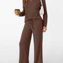 LILLUSORY Womens Lounge Sets 2 Piece Matching Pajamas Fall Fashion 2026 Ribbed Knit Outfits Long Sleeve Casual Sweatsuits Trendy Plus Size Sweaters Cute Sleep Wears Travel Soft Clothes CoffeeBrown XL