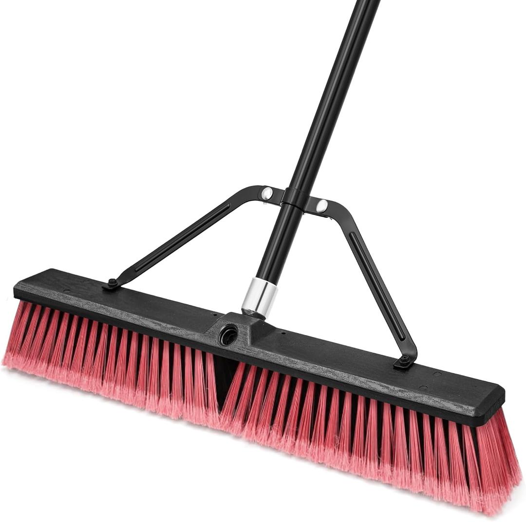 24 Push Broom Outdoor Heavy Duty, Large Commercial Stiff Bristle Brush with 63 inches Long Handle for Garage Shop Garden Yard Patio Deck Street Warehouse Lawn Driveway (Red)