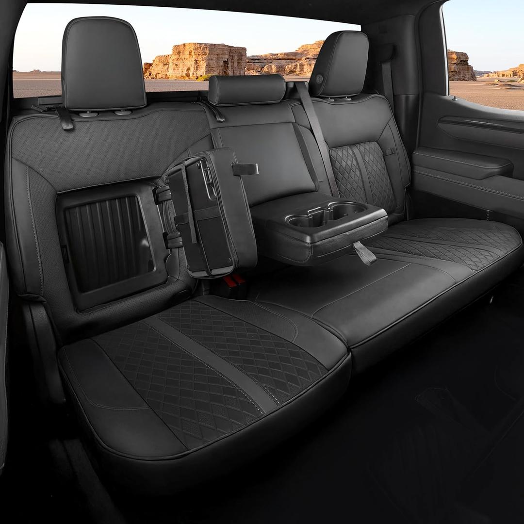 for Chevy Silverado & GMC Sierra Leather Seat Covers, Crew Cab 1500 2019-2026, 2500HD 3500HD 2020-2026, Custom Fit Truck Pickup Seat Cover Full Set, Black (with Rear Armrest/Seatback Storage)