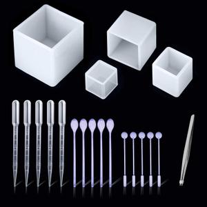 Woohome 4 PCS Square Resin Mold Cube Jewelry Silicone Casting Mold Tools Set Included 4 Size Silicone Resin Mold, 15 PCS Plastic Making Tools and 1 PCS Tweezers for DIY Making